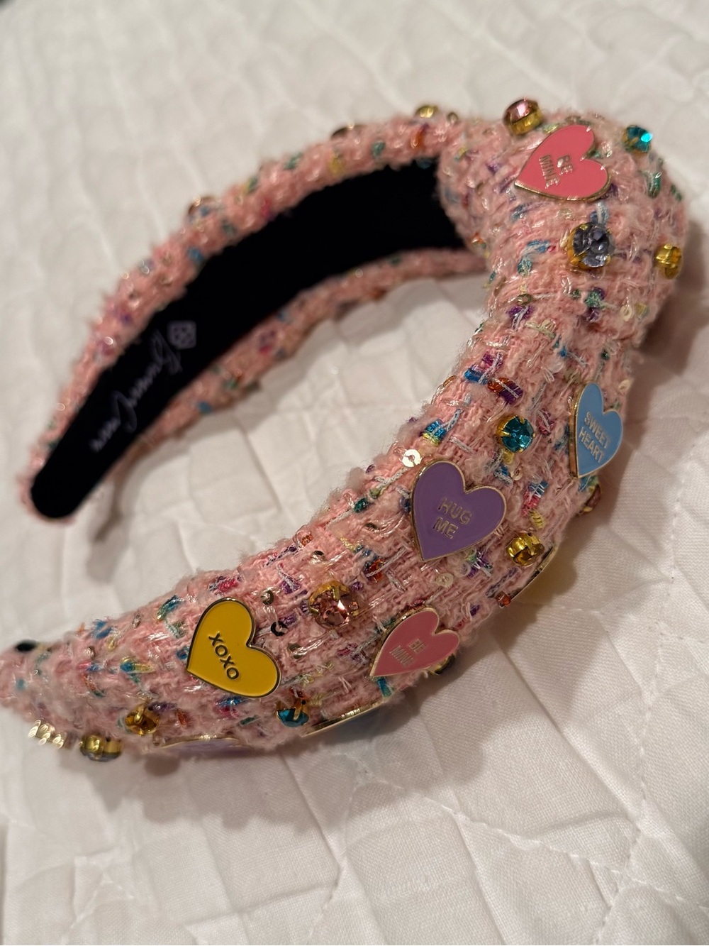 Brianna Cannon Coquette Pink Tweed Candy Heart Jeweled Headband